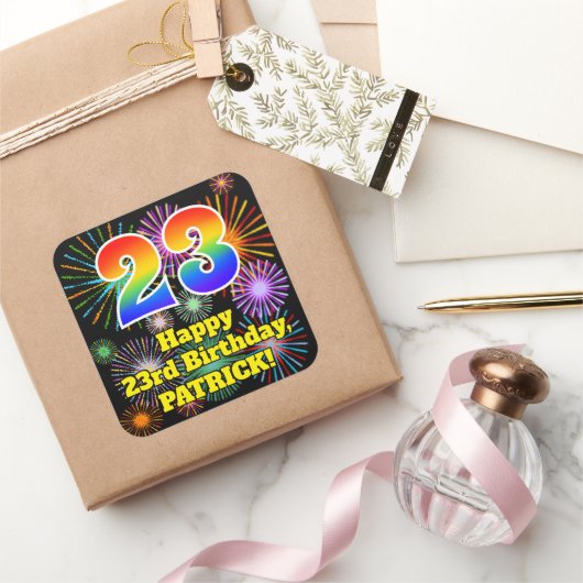 Sticker Carré 23e anniversaire : Fun Fireworks Look, Arc-en-ciel (Cadeaux)