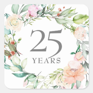 Sticker Carré 25 ans Argent Mariage Anniversaire Rose Floral