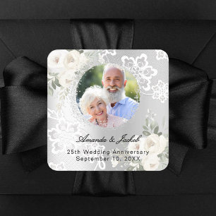 Sticker Carré 25e Anniversaire de Mariage fleurs photo argentées