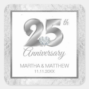 Sticker Carré 25e anniversaire Mariage d'argent personnalisé