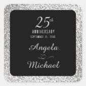 Sticker Carré 25e anniversaire Mariage Parties scintillant d'arg (Devant)