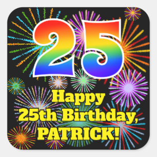 Sticker Carré 25e Birthday : Fun Fireworks Look, Rainbow # 25