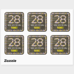 Sticker Carré 28e anniversaire : numéro floral, Faux Wood Look, 