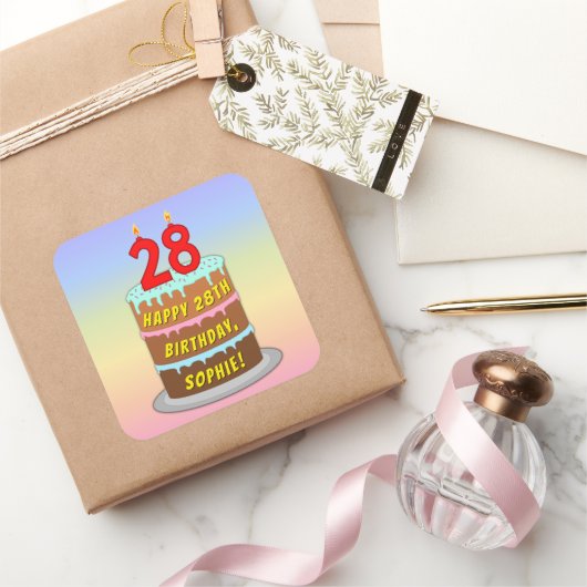 Sticker Carré 28th Birthday : Fun Cake and Candles + Custom Name (Cadeaux)