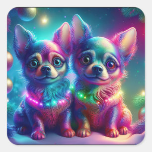 Sticker Carré 2 Jeunes Chiots Chihuahua Dans Une Scène De Noël C