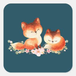 Sticker Carré 2 mignons Petits Renards Rouges Aquarelle Design