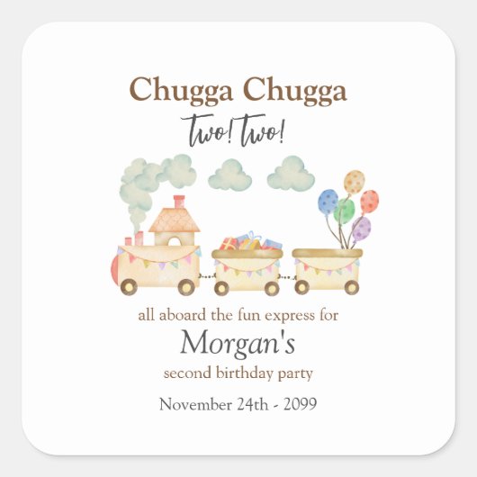 Sticker Carré 2e anniversaire aquarelle Brown train Express amus (Devant)