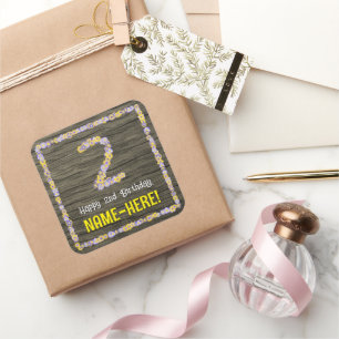Sticker Carré 2e anniversaire : Floral Number, Faux Wood Look, N