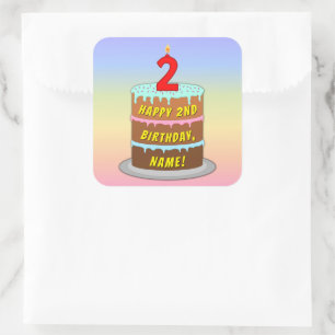 Sticker Carré 2e anniversaire : Fun Cake and Candle + Nom person