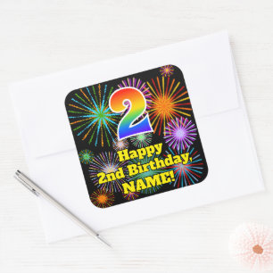 Sticker Carré 2e anniversaire : Fun Fireworks Look, Arc-en-ciel