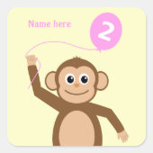 Sticker Carré 2e anniversaire singe ajouter nom crème rose (Devant)
