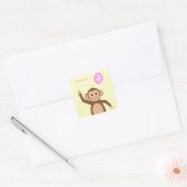 Sticker Carré 2e anniversaire singe ajouter nom crème rose (Enveloppe)