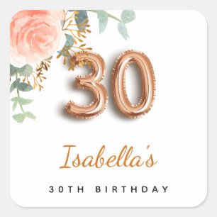 Sticker Carré 30e anniversaire floral rose or eucalyptus monogra