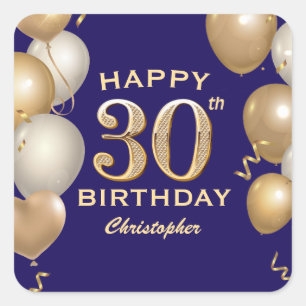 Sticker Carré 30e Anniversaire Marine Bleu et Ballons d'or