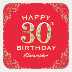 Sticker Carré 30e anniversaire Parties scintillant rouge et or c