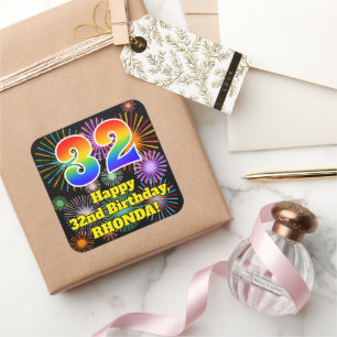 Sticker Carré 32e anniversaire: Fun Fireworks Look, Rainbow # 32