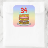 Sticker Carré 34e anniversaire : Fun Cake and Candles + Nom pers (Sac)
