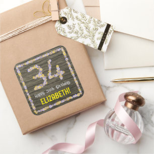 Sticker Carré 34e anniversaire : numéro floral, Faux Wood Look, 