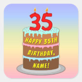 Sticker Carré 35e anniversaire : Fun Cake and Candles + Nom pers (Devant)