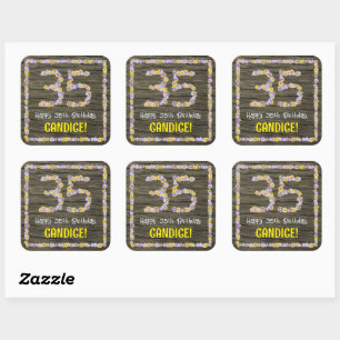 Sticker Carré 35e anniversaire : numéro floral, Faux Wood Look,