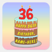 Sticker Carré 36e anniversaire : Fun Cake and Candles + Nom pers (Devant)