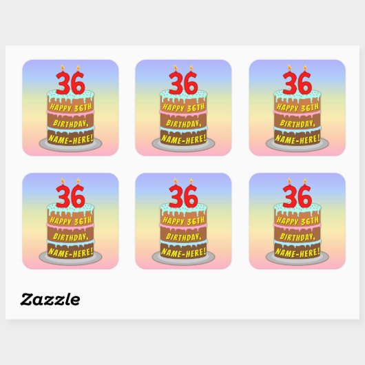 Sticker Carré 36e anniversaire : Fun Cake and Candles + Nom pers (Feuille)