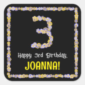 Sticker Carré 3e anniversaire : Floral Flowers Numéro, Nom perso (Devant)