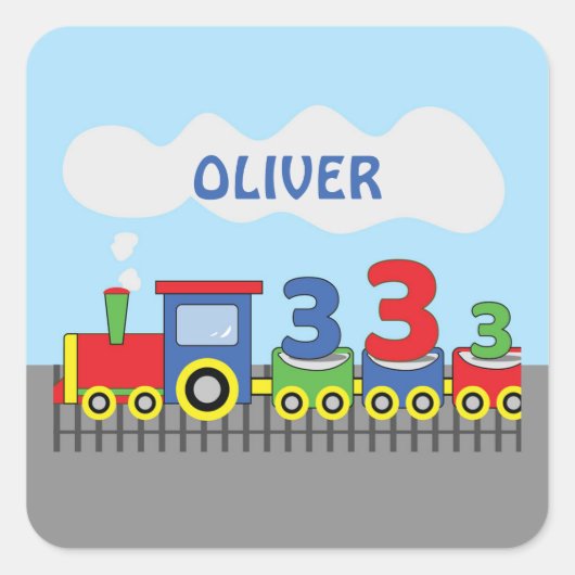 Sticker Carré 3e anniversaire Train Personnaliser le nom (Devant)
