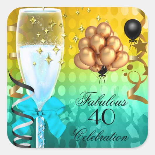 Sticker Carré 40 & Fabuleux Champagne d'Anniversaire d'or bleu T (Devant)