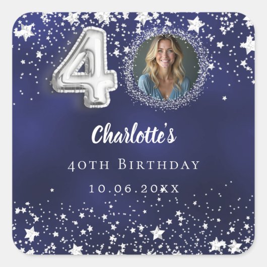Sticker Carré 40e anniversaire étoiles argentées bleu marine pho (Devant)