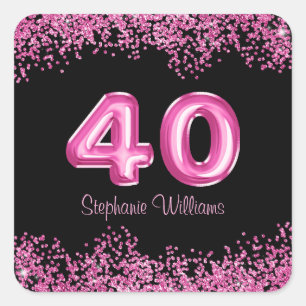 Sticker Carré 40e anniversaire Noir, Ballons roses   Parties sci