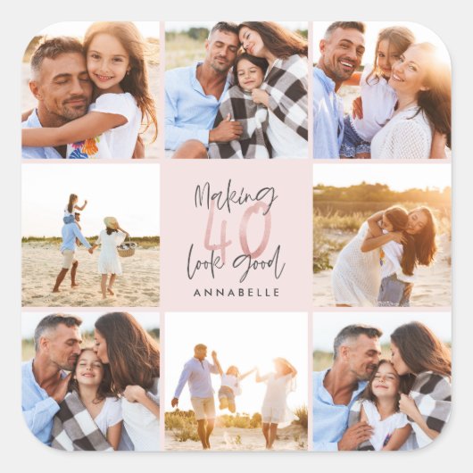 Sticker Carré 40e anniversaire rose girly parties scintillant ph (Devant)