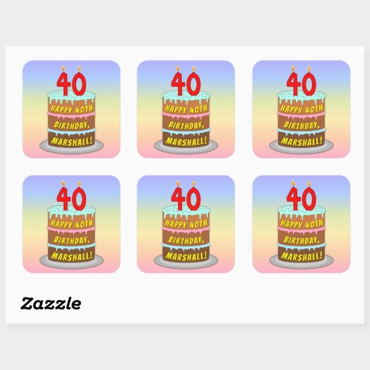 Sticker Carré 40th Birthday: Fun Cake and Candles + Custom Name (Feuille)