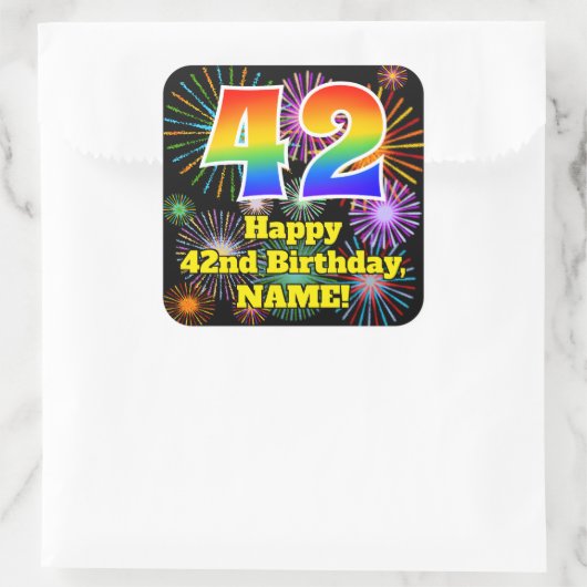 Sticker Carré 42e anniversaire : Fun Fireworks Look, Arc-en-ciel (Sac)