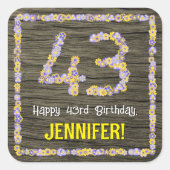 Sticker Carré 43e anniversaire : numéro floral, Faux Wood Look,  (Devant)