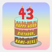 Sticker Carré 43rd Birthday: Fun Cake and Candles + Custom Name (Devant)
