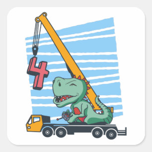 Sticker Carré 4 ans 4Anniversaire grue mobile Dinosaur