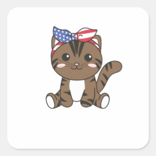 Sticker Carré 4 juillet American Chat Pour Enfants Cute Usa Chat