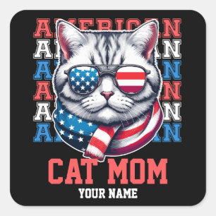 Sticker Carré 4 juillet Chat en lunettes Chat Maman personnalisé