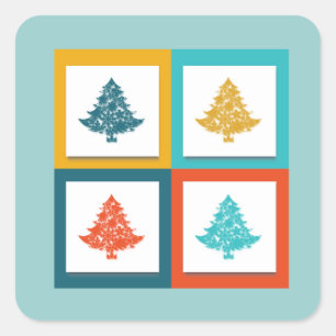 Sticker Carré 4 sapins de Noël design rétro
