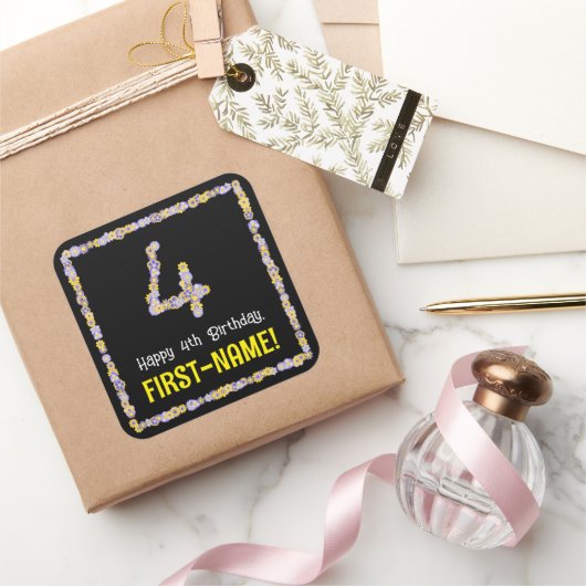 Sticker Carré 4e anniversaire : Floral Flowers Numéro, Nom perso (Cadeaux)