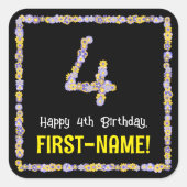 Sticker Carré 4e anniversaire : Floral Flowers Numéro, Nom perso (Devant)