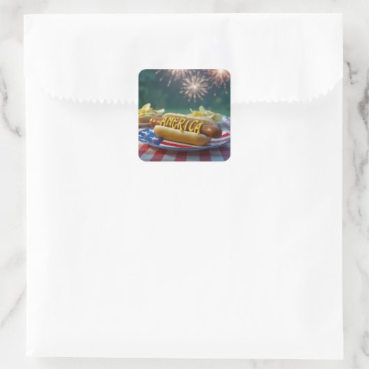 Sticker Carré 4th of July Hot Dog and Fireworks (Sac)