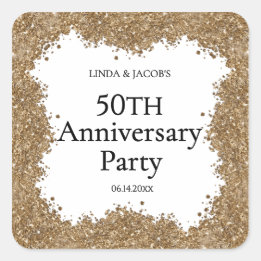 Sticker Carré 50e Anniversaire de Mariage Or Faux Paillettes