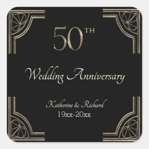 Sticker Carré 50e anniversaire Mariage d'or Art déco sur noir