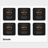 Sticker Carré 50e anniversaire Nom 1974 Black Gold Elegant Chic (Feuille)
