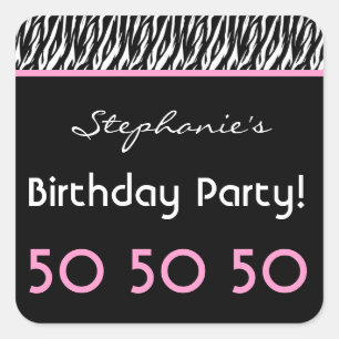 Sticker Carré 50e anniversaire Zebra avec rose Nom personnalisé