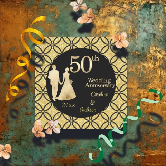 Sticker Carré 50e Couple d'or Parties scintillant Mariage Annive