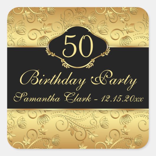 Sticker Carré 50e fête d'anniversaire fleurie d'or (Devant)