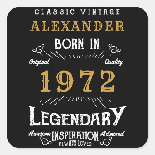 Sticker Carré 50th Birthday 1972 Ajouter le nom Legendary Black  (Devant)